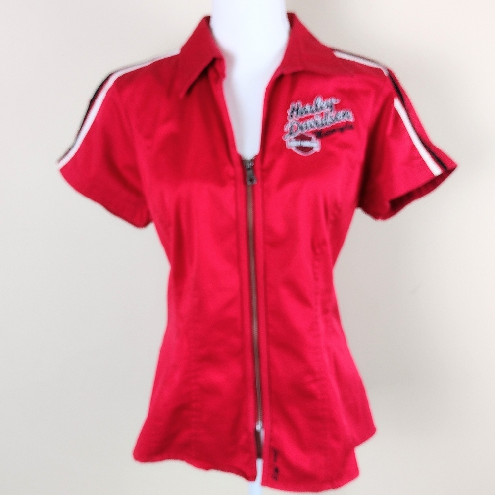 Harley-Davidson Red Full Front Zip V-Neck Embroidered Top Sz L